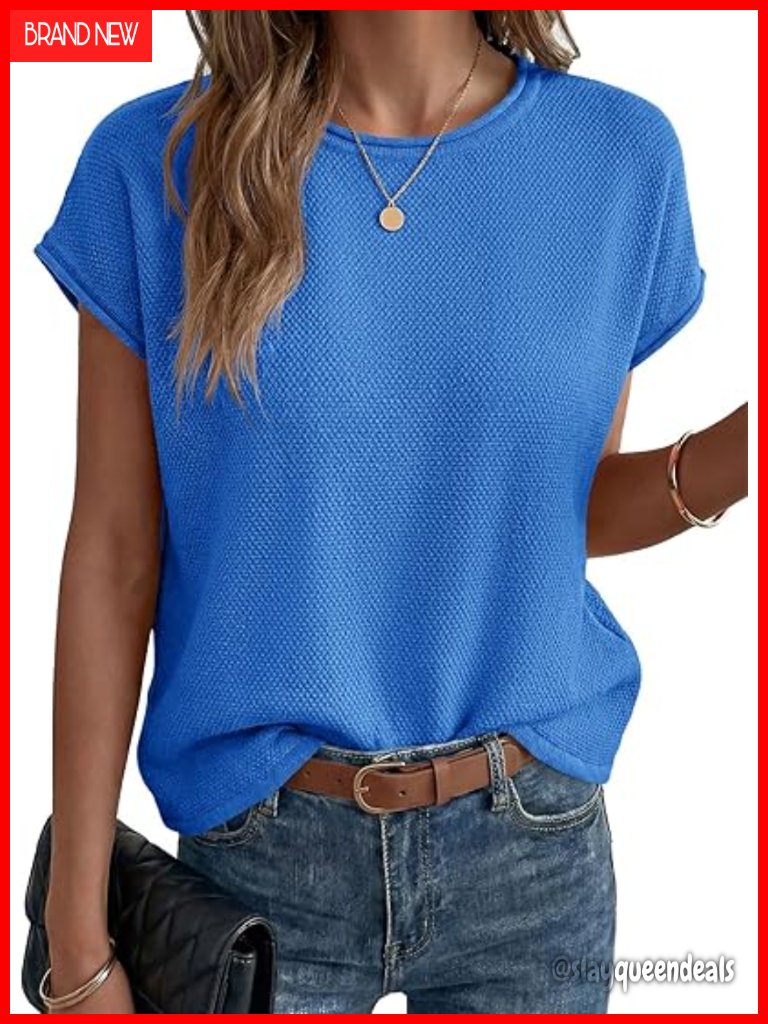 Womens Summer Cap Sleeve Waffle Knit Crew Neck Loose Fit Going Out Sweater Vest